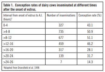 Table 1. Conception rates of dairy cows inseminated at different times after the onset of estrus.